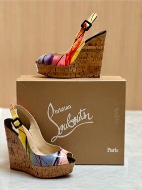 Christian Louboutin Une Plume Sling 140 Patent Wedge Sandals in Multicolor